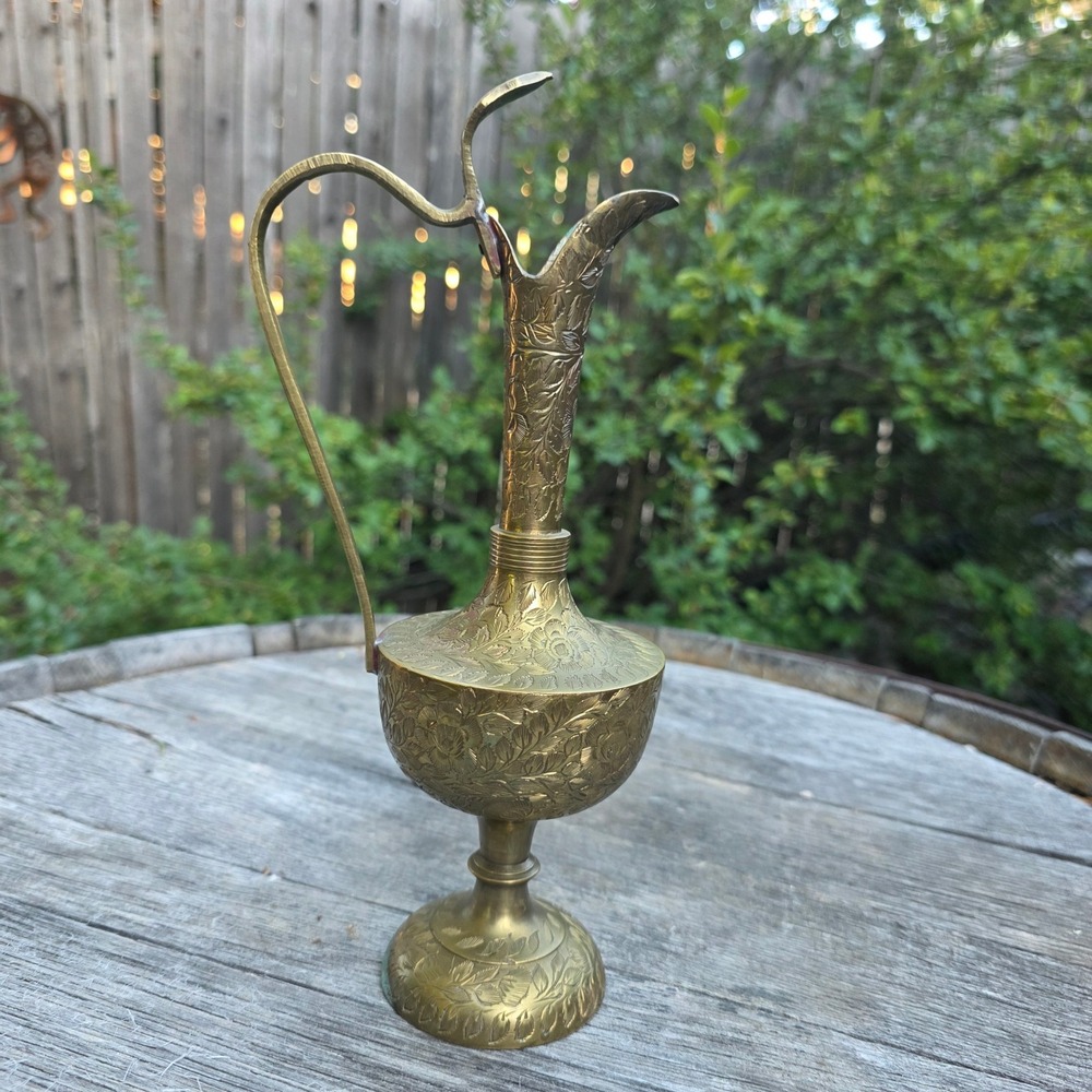 Vintage Etched Brass Aftaba Pitcher Made in India Floral Snake handle Ewer 10"